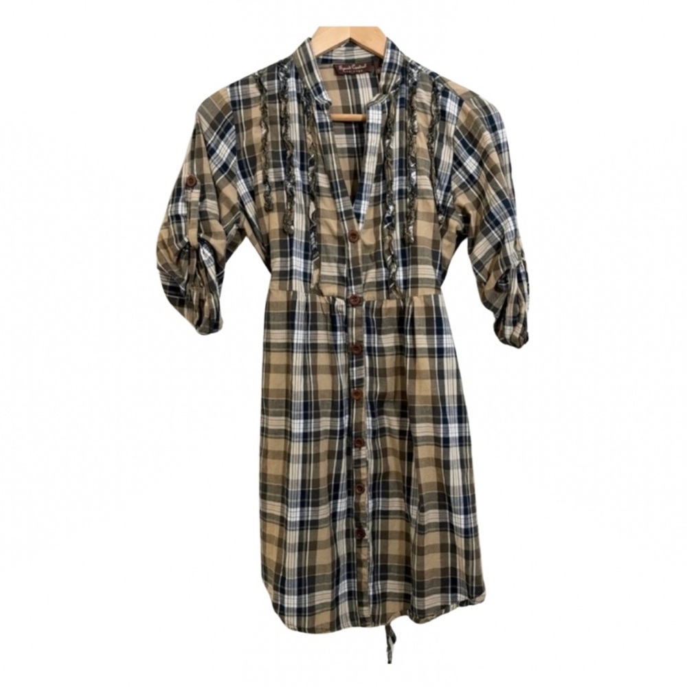 Juniors Tan, Navy and White Plaid Shirt Dress With Three Quarter Sleeves